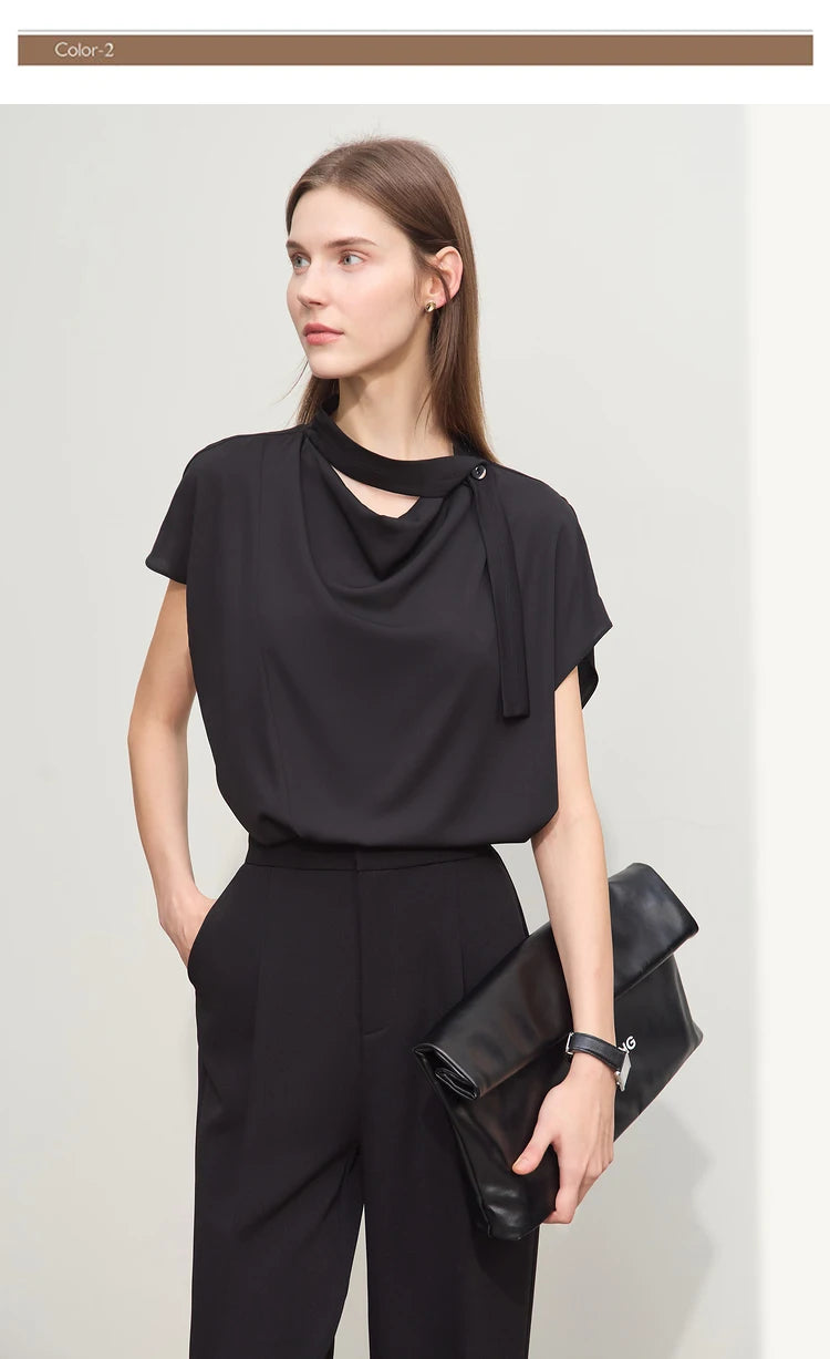 Amii Minimalism Swing Neck Chiffon  Blouse With Tie