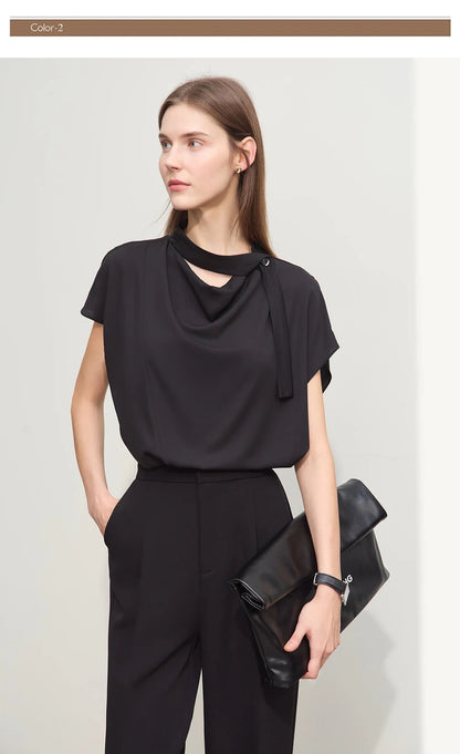 Amii Minimalism Swing Neck Chiffon  Blouse With Tie