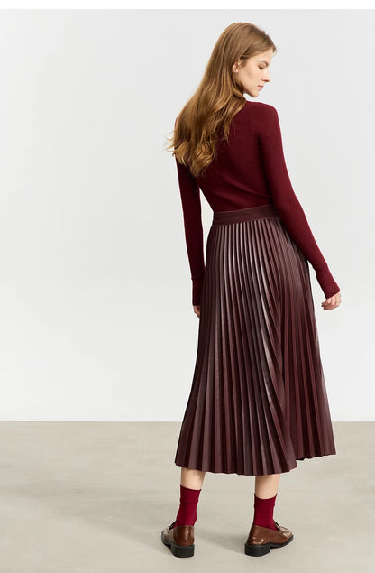 AMII Retro Pleated PU Leather Long Skirt