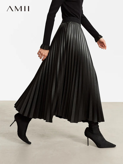 AMII Retro Pleated PU Leather Long Skirt