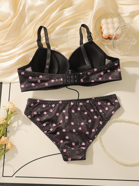 Black floral steel rims gathered push up bra and panties set
