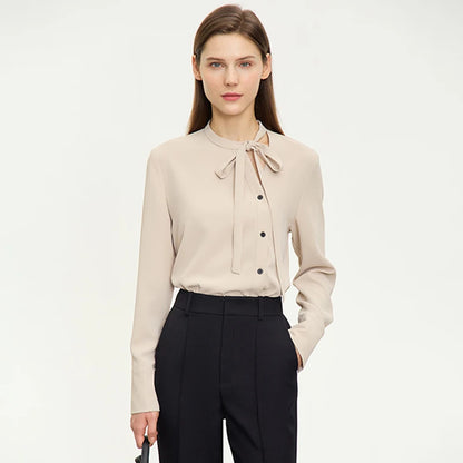 AMII  Stand Collar Lace Up Chiffon Blouse