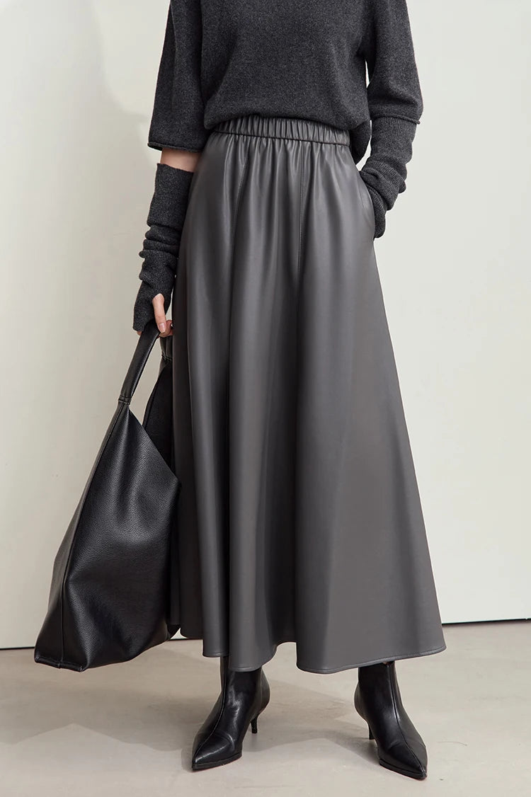 AMII Minimalist PU Elastic Waist Leather Skirt