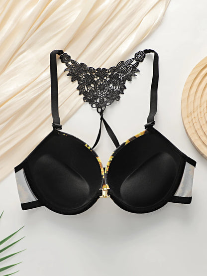 Chrysanthemum pattern push up bra and panties set