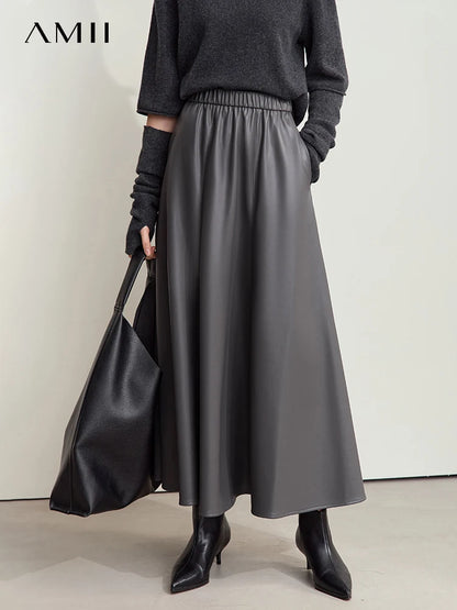 AMII Minimalist PU Elastic Waist Leather Skirt