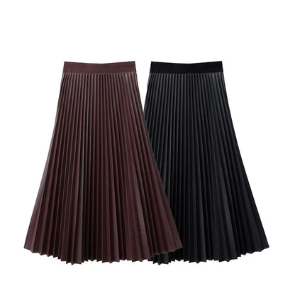 AMII Retro Pleated PU Leather Long Skirt