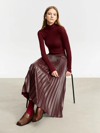 AMII Retro Pleated PU Leather Long Skirt