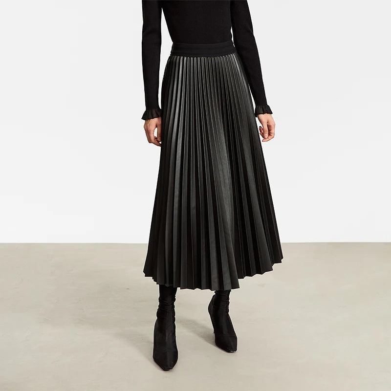 AMII Retro Pleated PU Leather Long Skirt