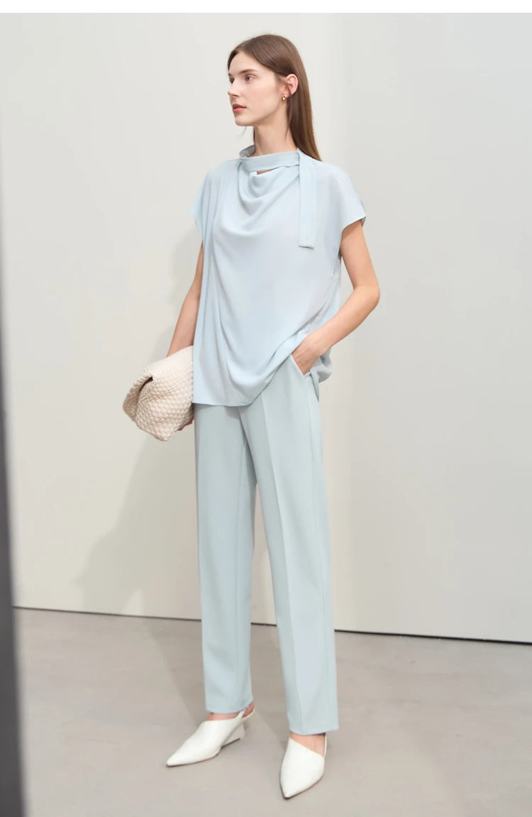 Amii Minimalism Swing Neck Chiffon  Blouse With Tie