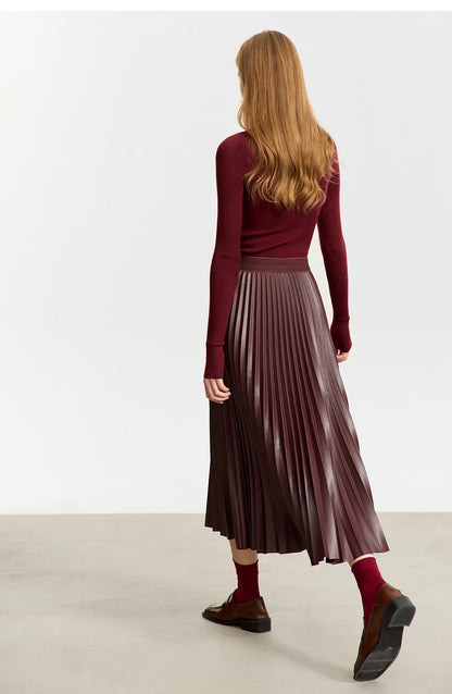 AMII Retro Pleated PU Leather Long Skirt