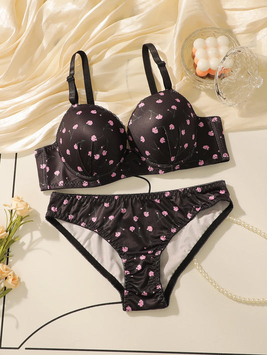 Black floral steel rims gathered push up bra and panties set