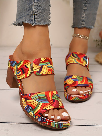 Slip-On Floral Block Heel Sandals