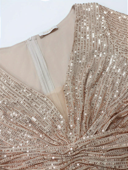Deep V-Neck, Short Sleeve, Sequin Formal Gown with Waist Ruching