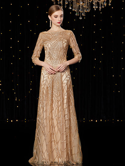 Elegant Abstract Embroidery Long Evening Dress