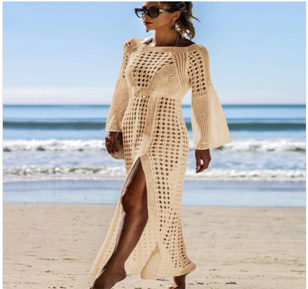 Hollow Knitted Long Sleeve Beach Dress