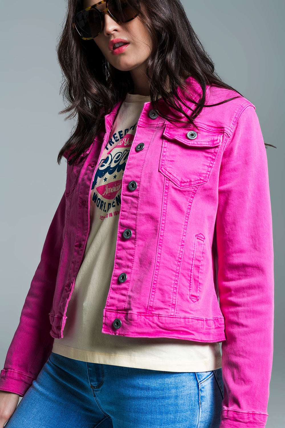 Basic Denim Jacket With Pockets in Pink