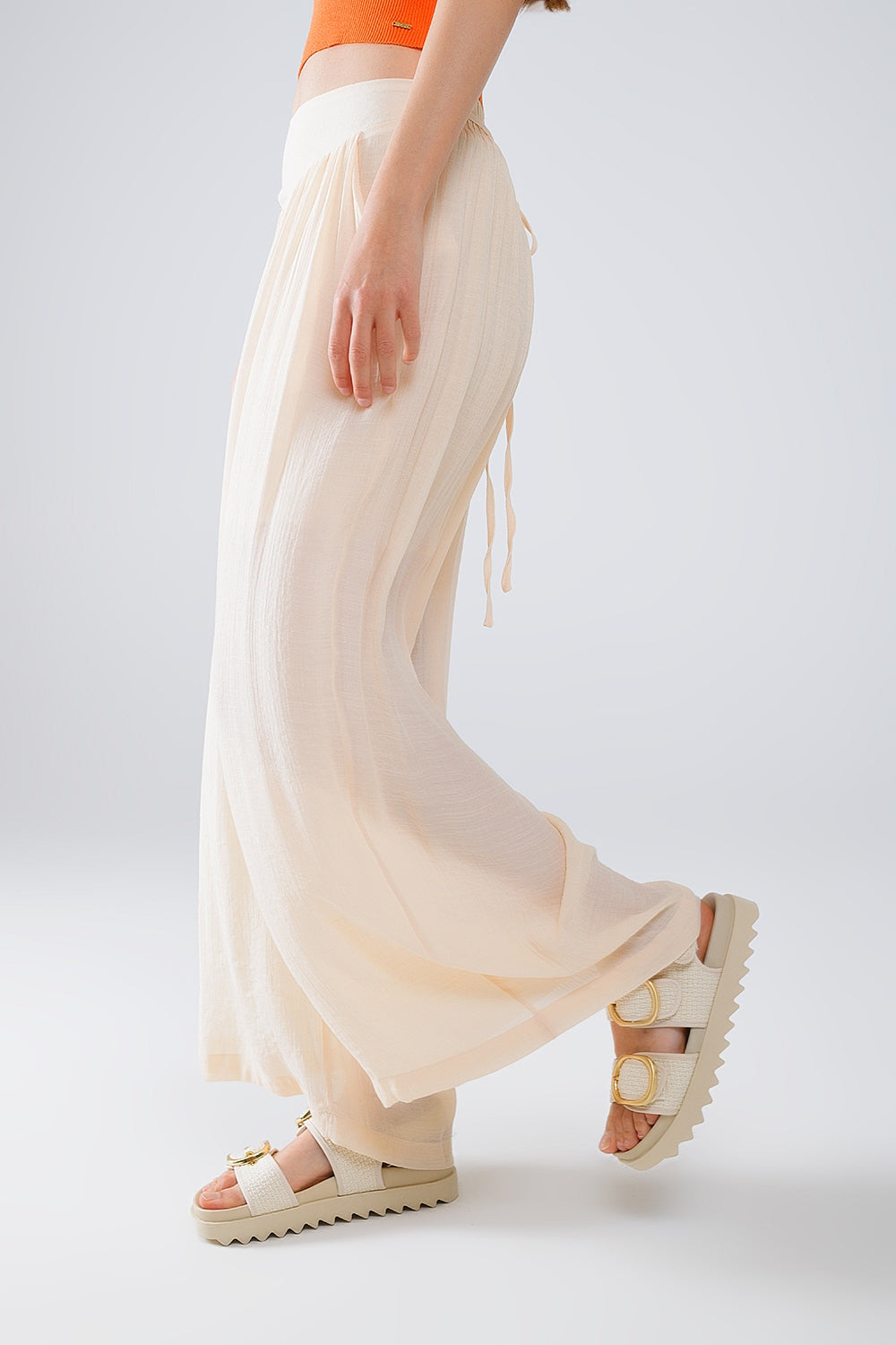 Q2 Beige Palazzo style Pants With Side Pockets And Thick Waist Band