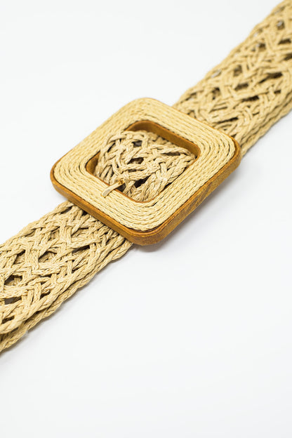 Beige woven belt with big square buckle with brown border