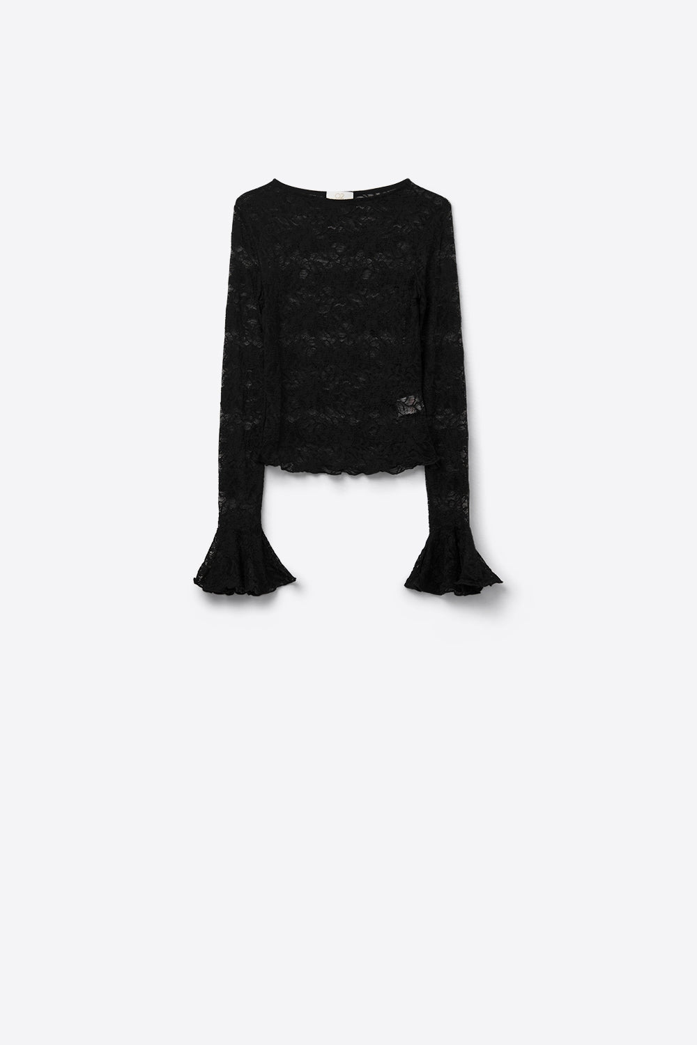 Black lace top with long flared sleeves and ruffles