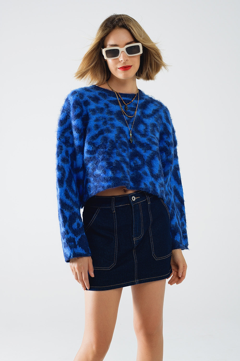 Blue Leopard print sweater made of knitted fabric with wool