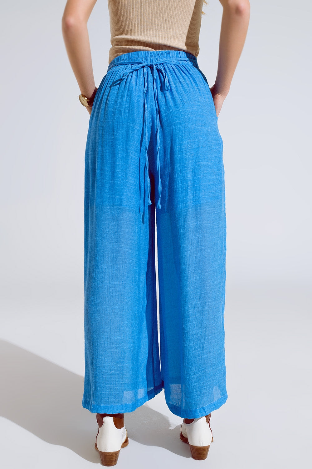 Blue Palazzo style Pants With Side Pockets And Thick Waist Band