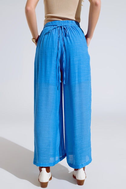 Blue Palazzo style Pants With Side Pockets And Thick Waist Band