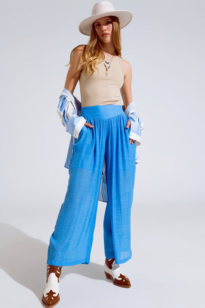 Blue Palazzo style Pants With Side Pockets And Thick Waist Band