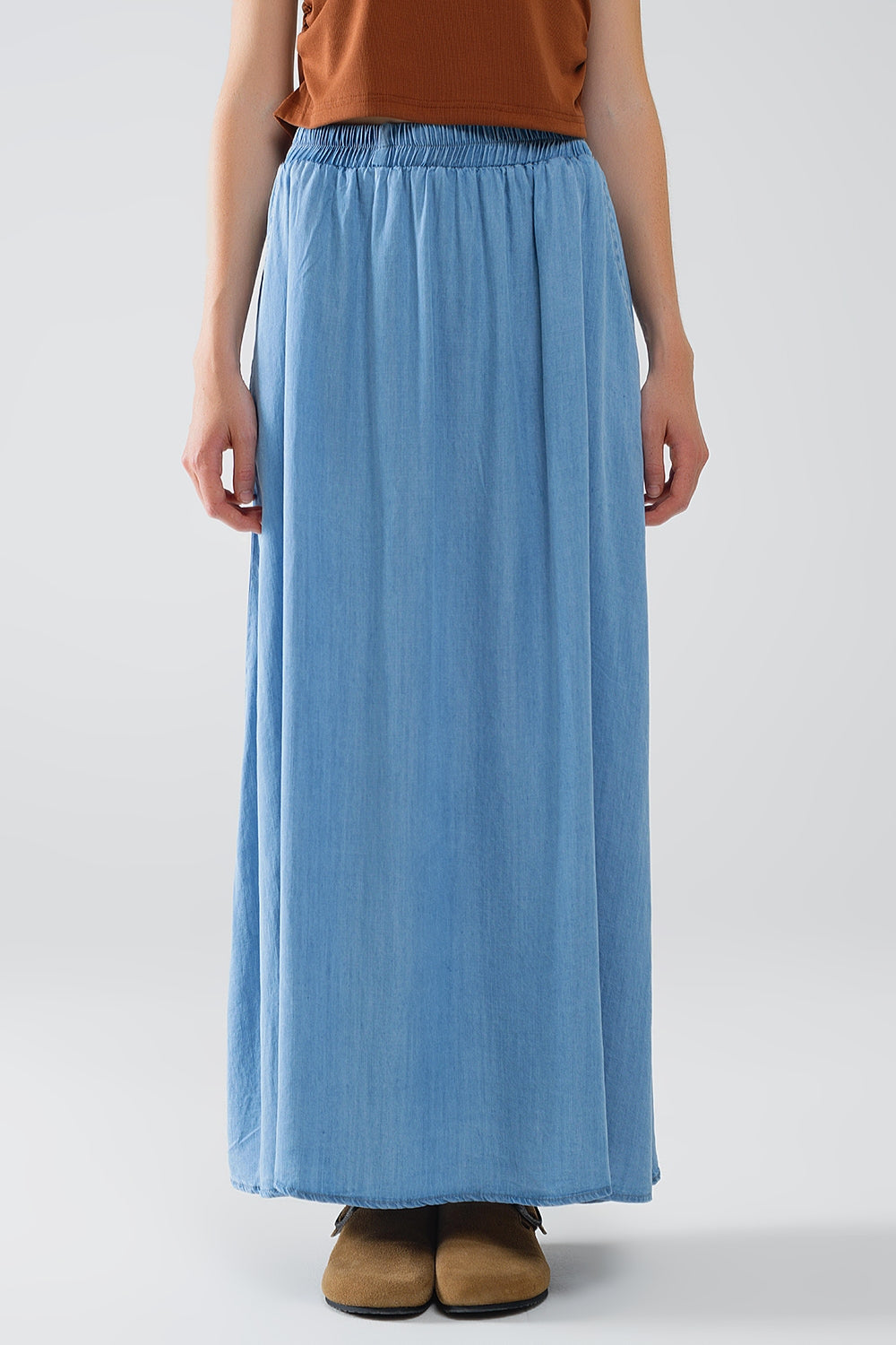 Q2 Blue Tencel Denim-Styled Maxi Skirt