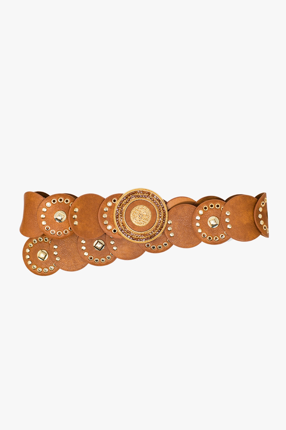 Q2 Brown leather belt with gold rhinestone round buckle and golden details