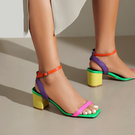 Colorful Ankle Strap Block Mid-Heel Sandals