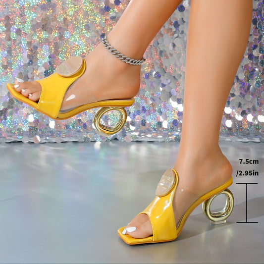 Elegant Square Toe Mules with Transparent Strap & Golden Buckle