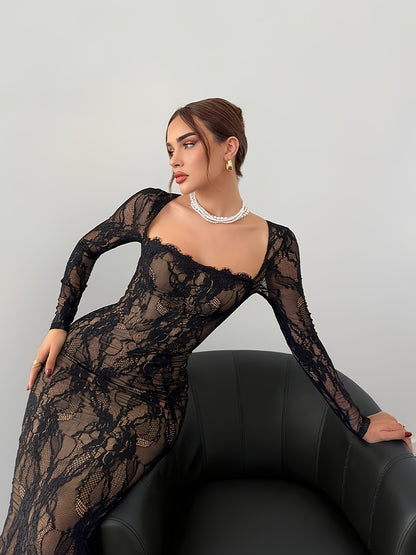 Black Square Neckline Lace Bodycon Long Evening Dress
