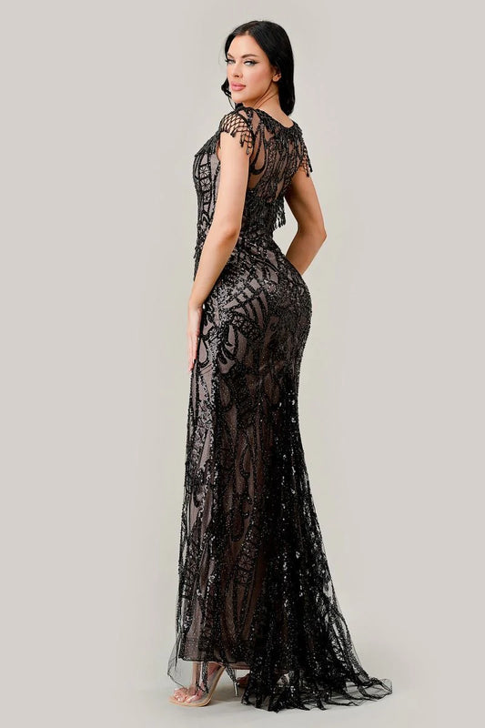 Black-nude sheath sequin gown