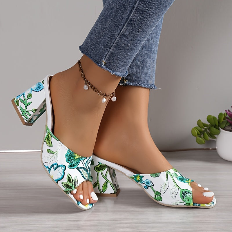 Floral Block Heel Slip-On Glam Sandals
