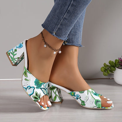 Floral Block Heel Slip-On Glam Sandals
