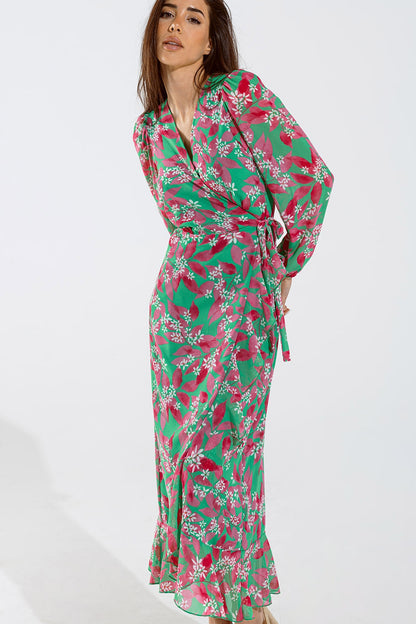 Chiffon maxi Dress With Floral Print in Green