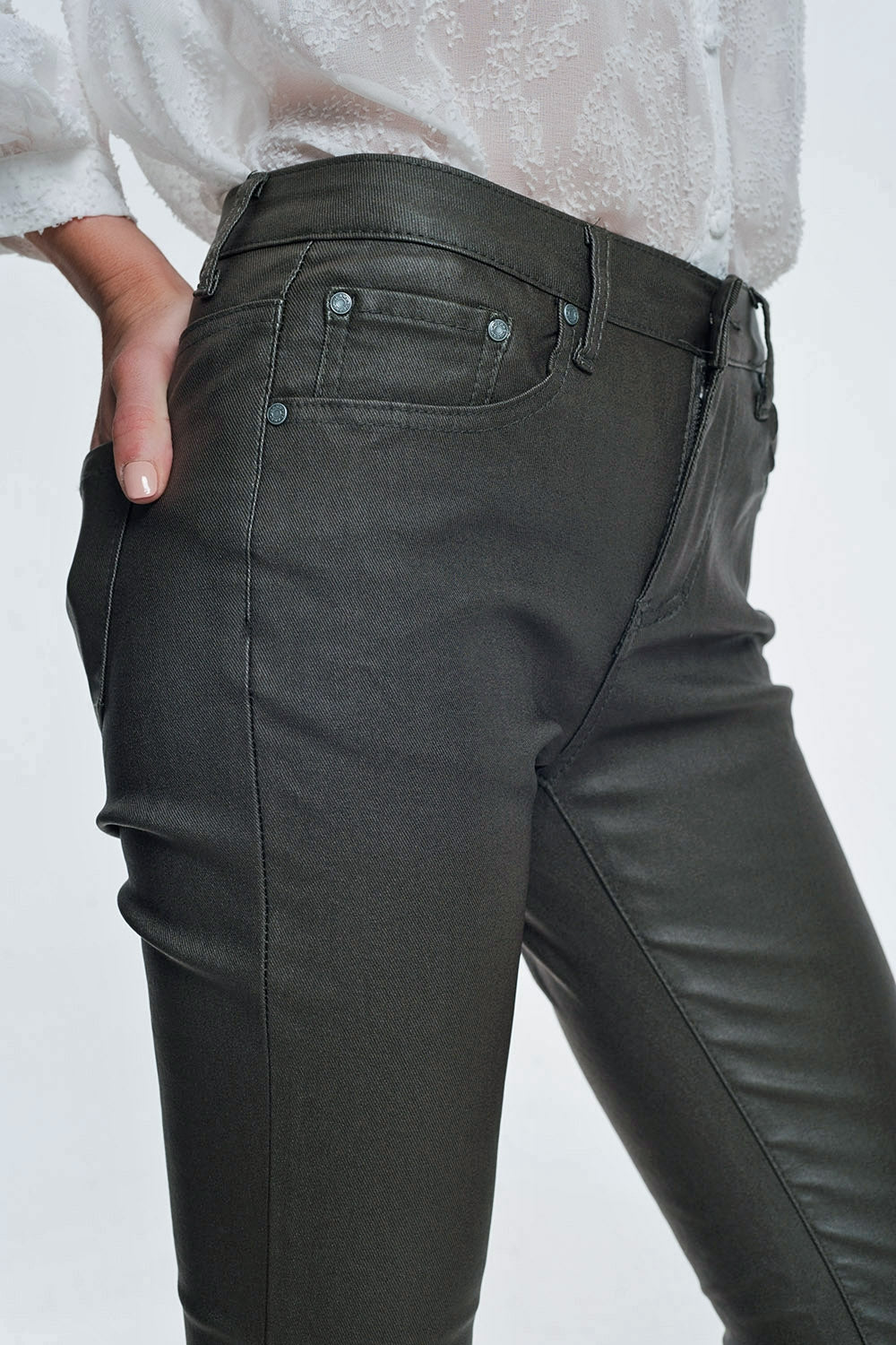 coated pants in khaki