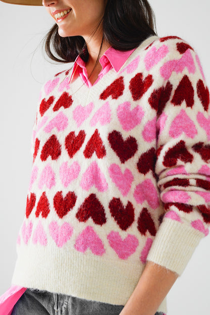 Cozy White Sweater With Pink Hearts