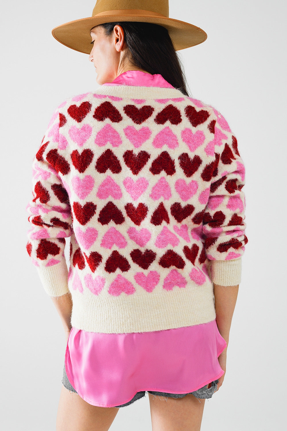 Cozy White Sweater With Pink Hearts