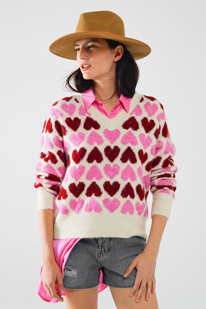 Q2 Cozy White Sweater With Pink Hearts