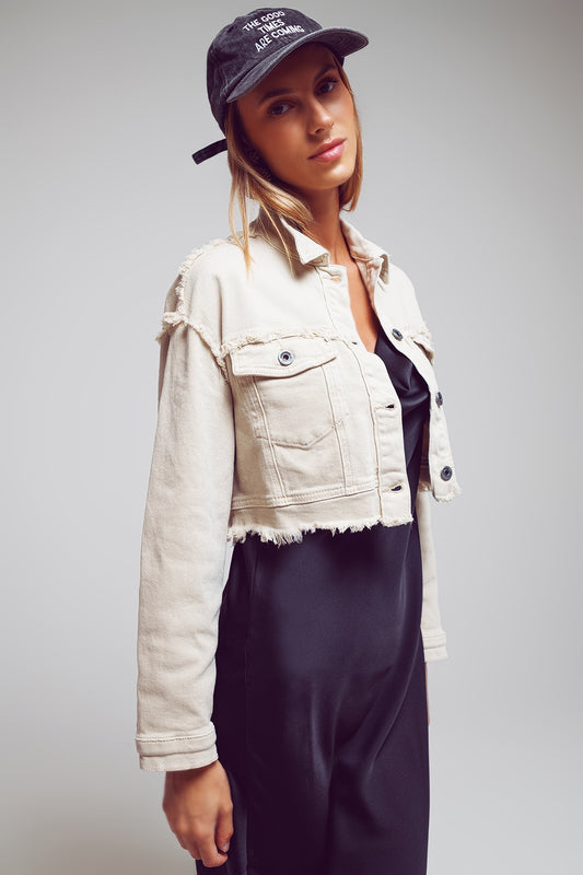 Q2 Cropped denim trucker jacket in beige