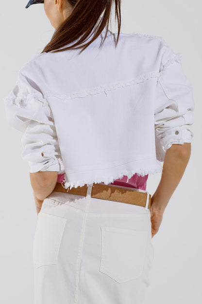 Cropped Jacket With Chest Pockets and Flower Details in White