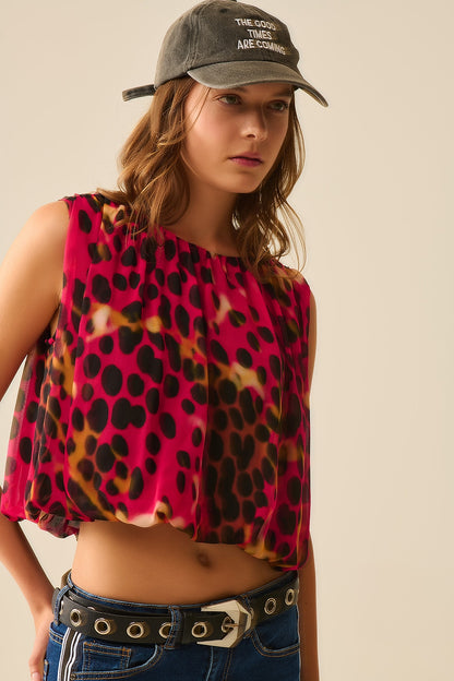 Cropped Pleated Animal Print Top in Red and Black