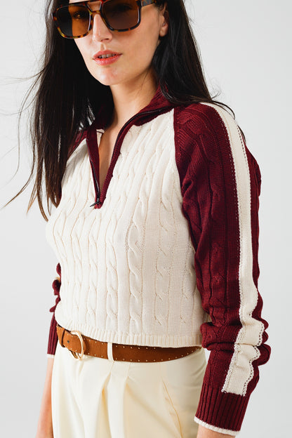 cropped white and burgundy sweater with neck zipper