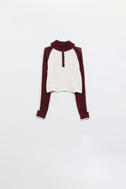 cropped white and burgundy sweater with neck zipper