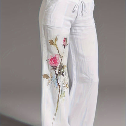 Linen Floral Print Wide Leg Pants