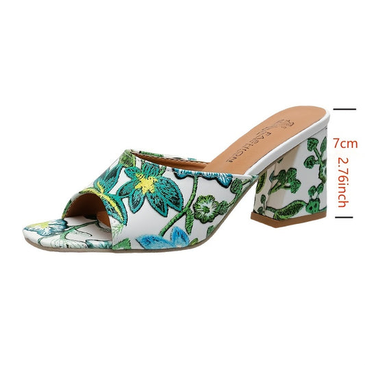 Floral Block Heel Slip-On Glam Sandals
