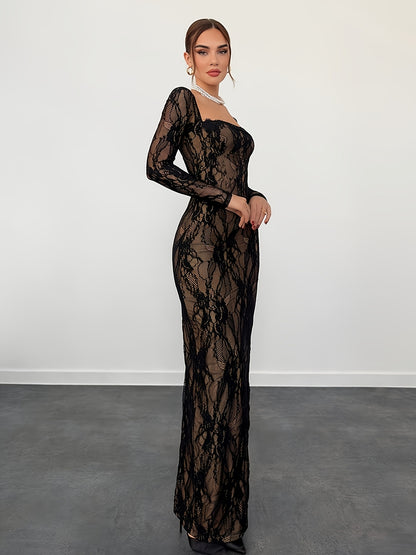 Black Square Neckline Lace Bodycon Long Evening Dress