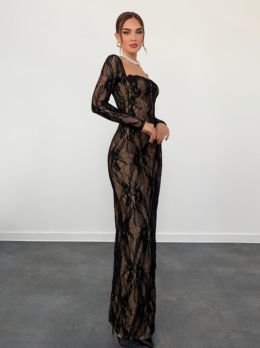 Black Square Neckline Lace Bodycon Long Evening Dress