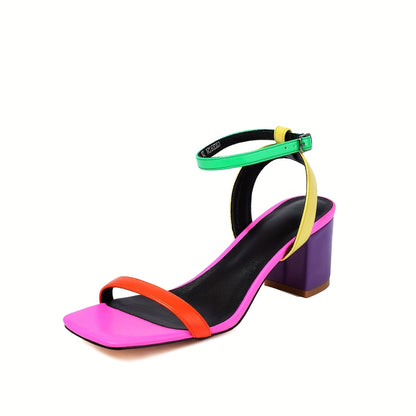 Colorful Ankle Strap Block Mid-Heel Sandals
